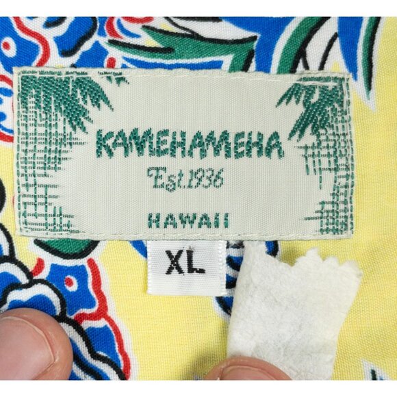 Kamehameha Hawaiian Shirt Lei Lady Mens XL Yellow Tropical Print Rayon USA Aloha - Picture 5 of 15